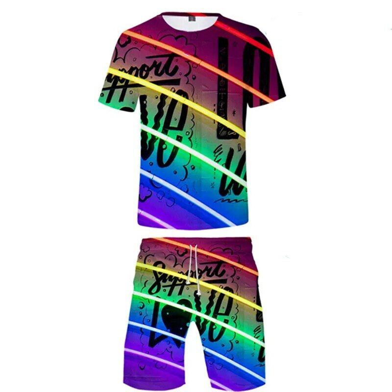 화려한 요소 패션 3D 인쇄 레인보우 LGBT 티셔츠 반바지 세트, 캐주얼 하라주쿠 스트리트웨어 패션