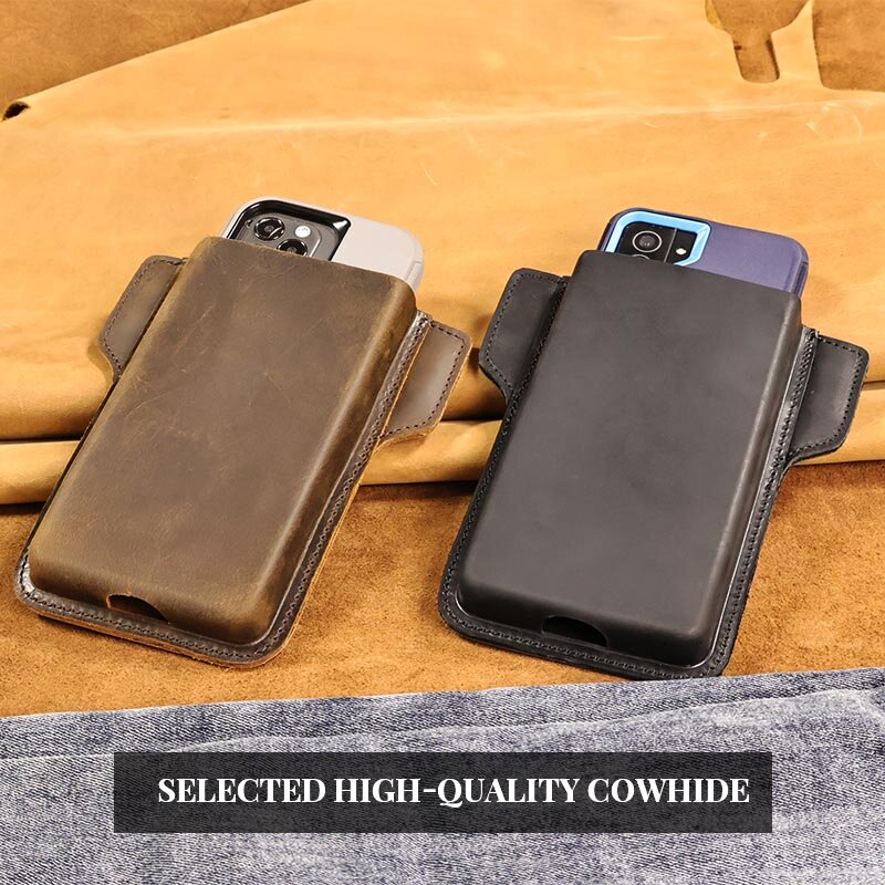 RIYAO Men's Leather Vintage Waist packs Phone Case With Belt Loop Holster Bag For Large Thick Shell Mobile Phone Case Pouch