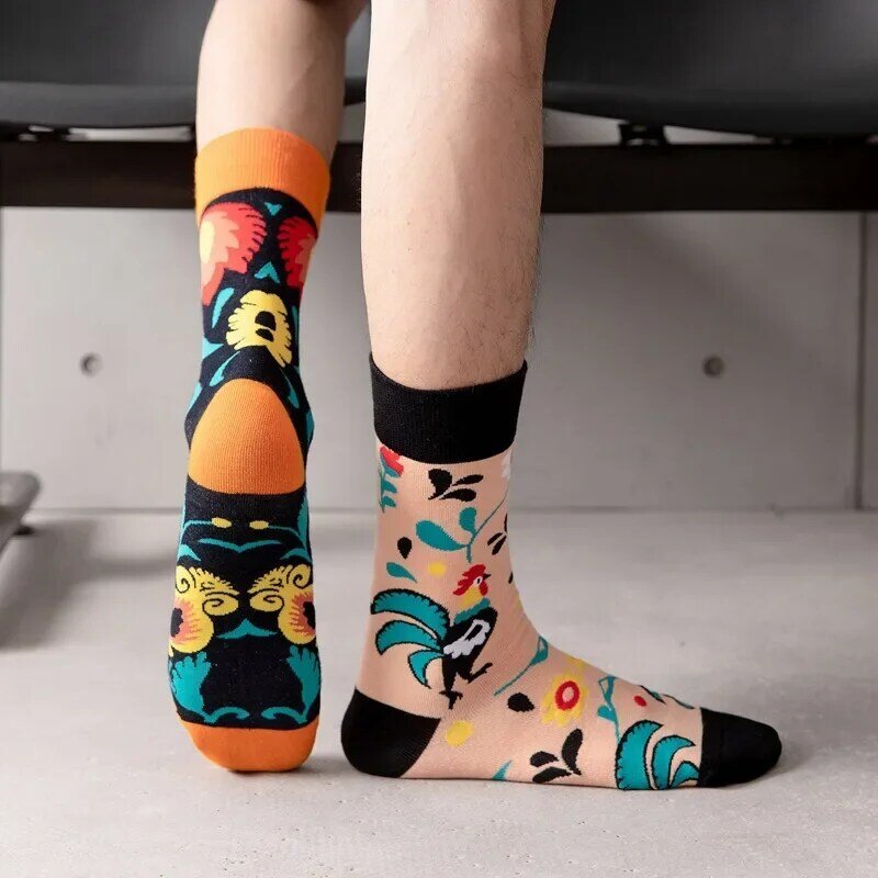 New AB feet flower and bird pattern mid-tube casual socks men's trendy socks plus size socks