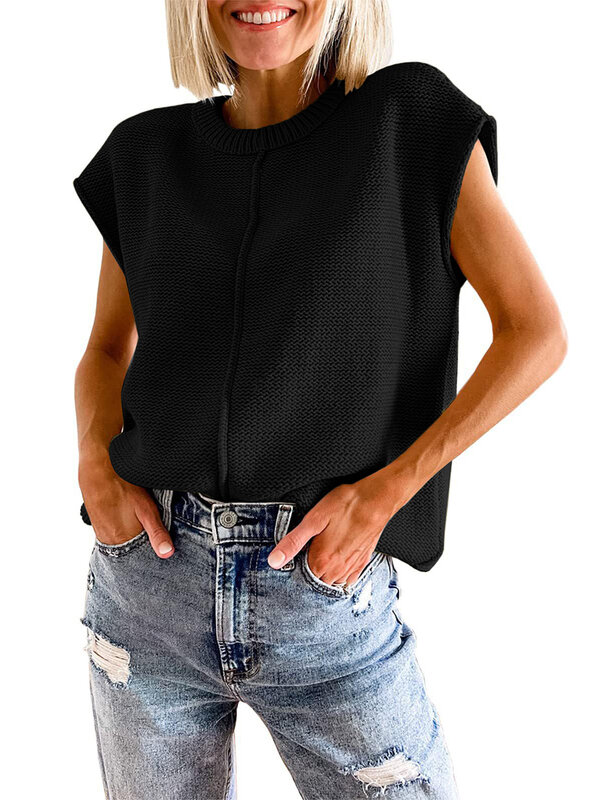 Mxiqqpltky Women Crew Neck Sweater Vests Casual Cap Sleeve Loose Fit Pullovers Vintage Lightweight Tank Tops Y2K Streetwear