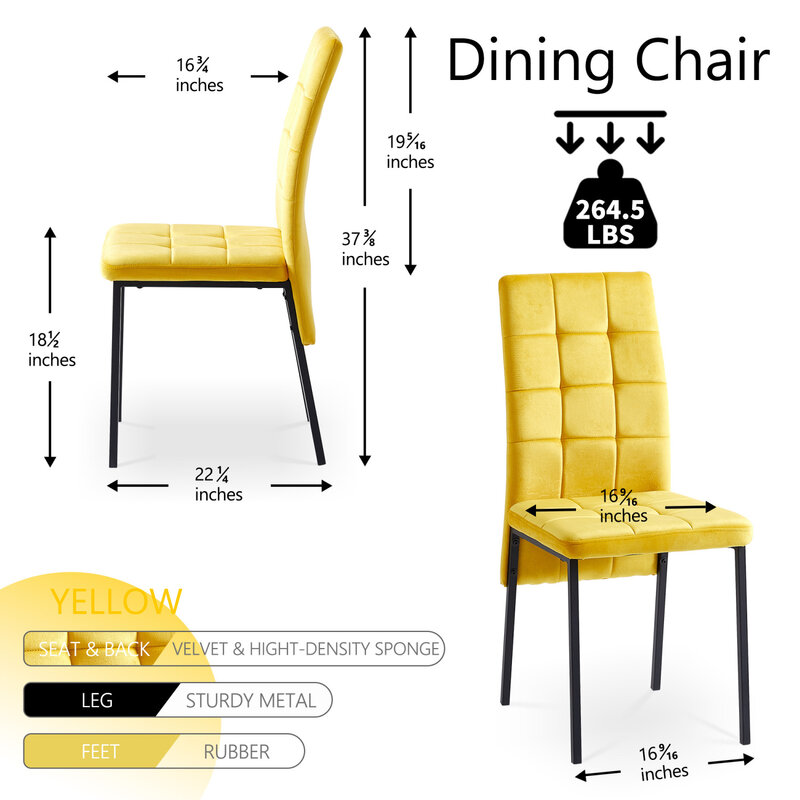 Zestaw 4 nowoczesnych, żółtych, aksamitnych krzeseł do jadalni Nordic z wysokim oparciem i eleganckimi czarnymi nogami