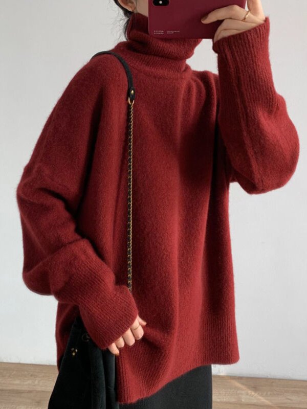 Suéter vintage de gola alta feminino, macacão manga longa, pulôver solto casual, monocromático, outono