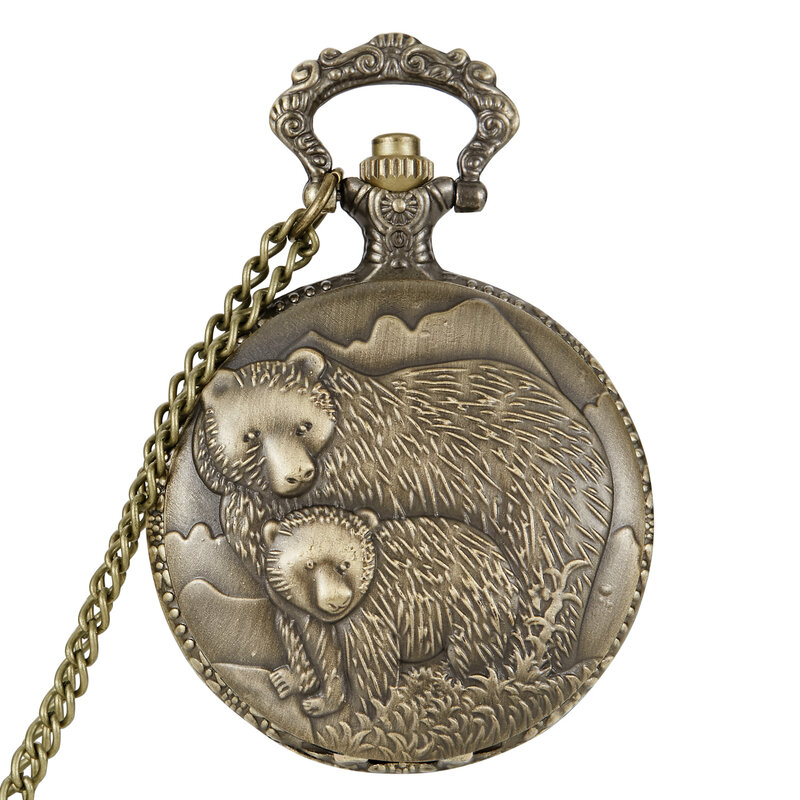 Two Bears Quartz Pocket Watch Roman Dial Hollow Skeleton Steampunk Clock Full Steel Pocket Watch Chain Gifts 2023