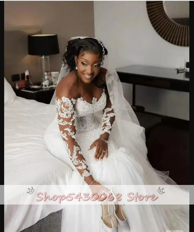 KapokDressy Newest Lace Appliques Mermaid Wedding Dress Sweep Train Robe De Mariée Grande Taille Garden Black Woman Bridal Gowns