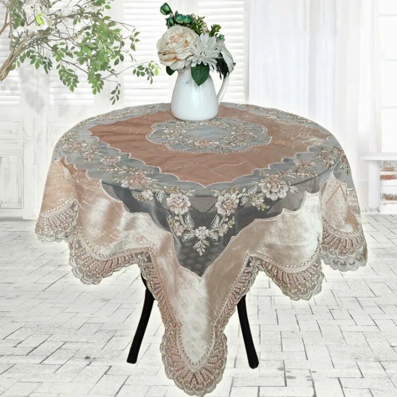 Square Velvet Lace Embroidery Stitching Beautiful European Tablecloth Furniture Cover Cloth Christmas Wedding Decoration Tapete