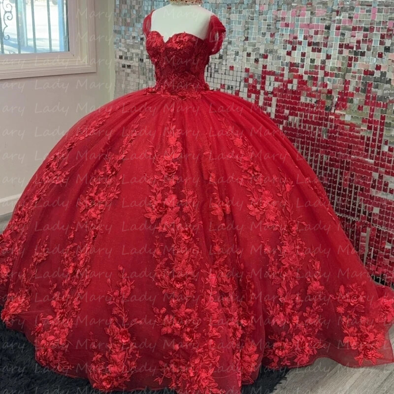 Vestidos de quinceañera con Apliques de encaje rojo, hombros descubiertos, princesa Formal, Dubai, vestidos de novia árabes, corsé deshuesado expuesto
