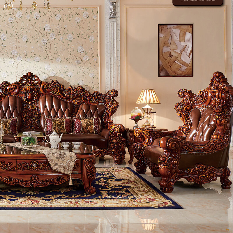 Conjunto de sofá esculpido em madeira maciça artesanal, couro genuíno, estilo luxuoso, domínio europeu, 1 2 4