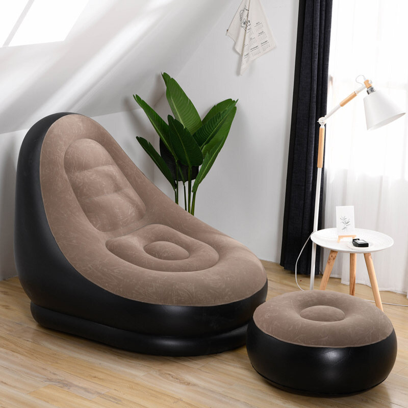 Sofa Tiup Luar Ruangan untuk Berkemah Furnitur Teras Pantai Kursi Berjemur Lipat Portabel Sofa Malas Lipat Tunggal dengan Ottoman