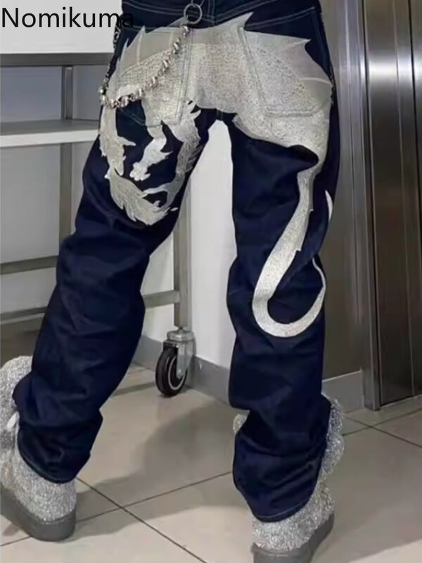 Streetwear celana jins wanita, celana Denim bordir lurus kasual Harajuku Hip-hop Y2k bawahan baru 2024