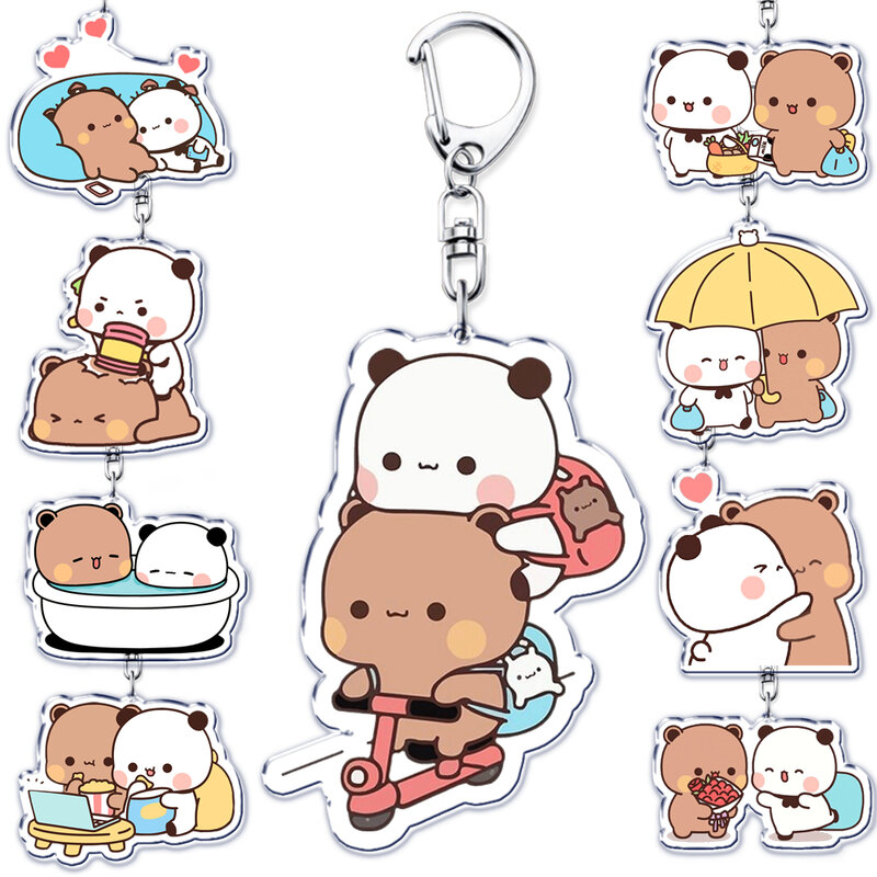 Cute Bubu Dudu White and Grey Couple Bear Acrylic Keychains Ring for Accessories Bag Pendant Key Chain Jewelry Fans Lovers Gifts