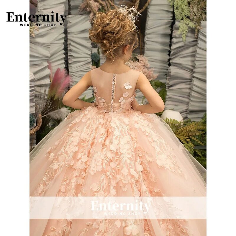 Princesse Enfant Illusion gaun perempuan, hiasan renda garis-a kancing sendok leher bunga panjang lantai Vestidos Para anak perempuan