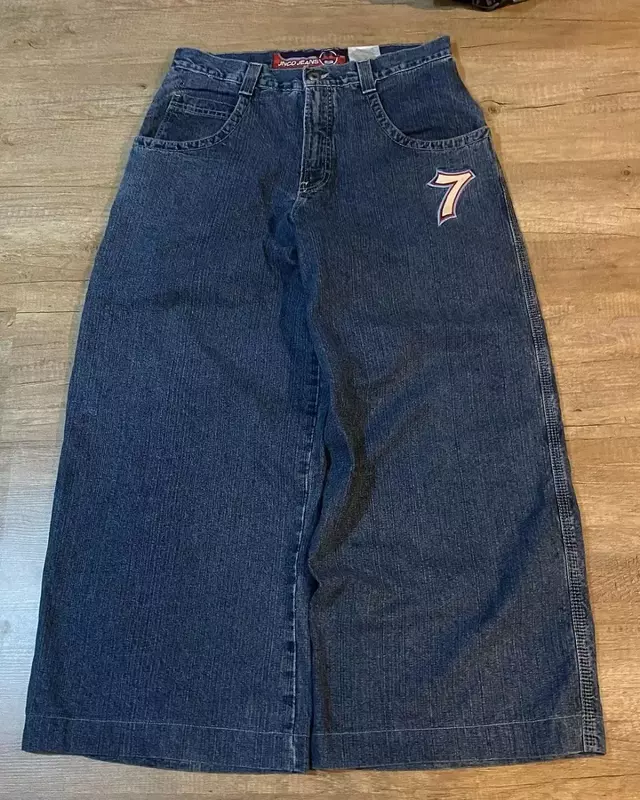 Dice numer 7 Streetwear JNCO Jeans Y2K Hip Hop grafika haftowana niebieskie w stylu Retro workowate dżinsy męskie damskie szerokie spodnie z wysokim stanem