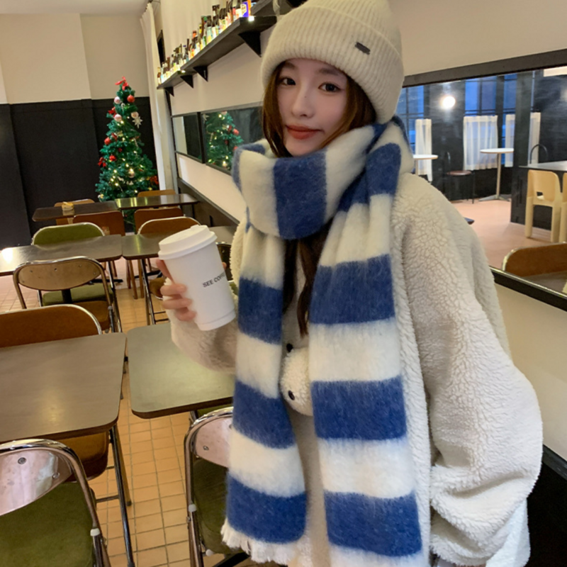 Autumn Winter Fashion Green Striped Scarf Woman Casual Warm Neckerchief Female Thickened Korean Style Elegance Extended Scarf