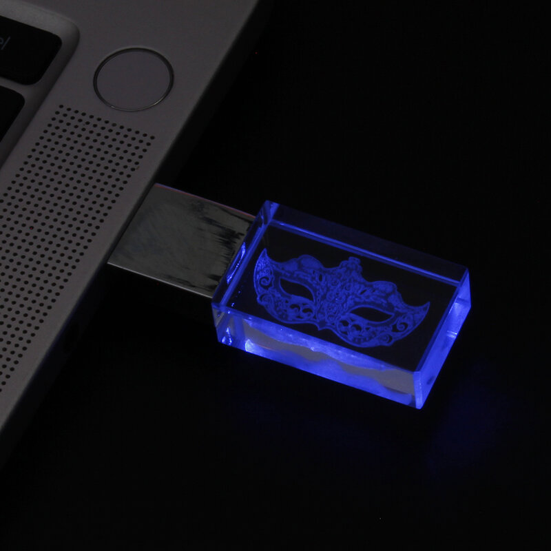JASTER Lampu Biru Kristal 2.0 USB Flash Drive 8GB Gratis LOGO Patch 4GB Stik Memori 16GB Pen Drive 32GB U Disk 64GB Mobil dan TV