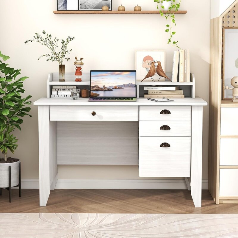 48" Computer Desk with 4 Storage Drawers and Hutch Wood Executive Table for PC Laptop Table