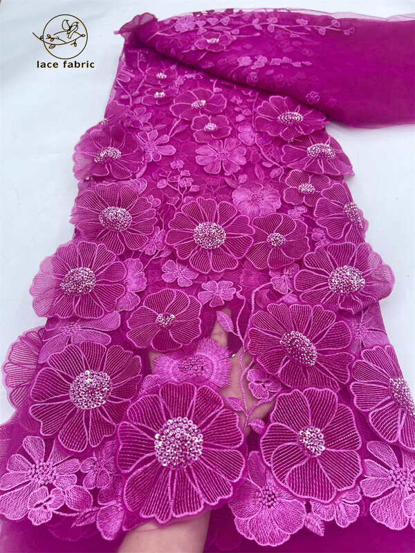 5 Yards Luxury African Sequin Lace Tulle Fabric 2024 French 3D Flower Embroidered Applique Fabric With Beads For Sewing Material