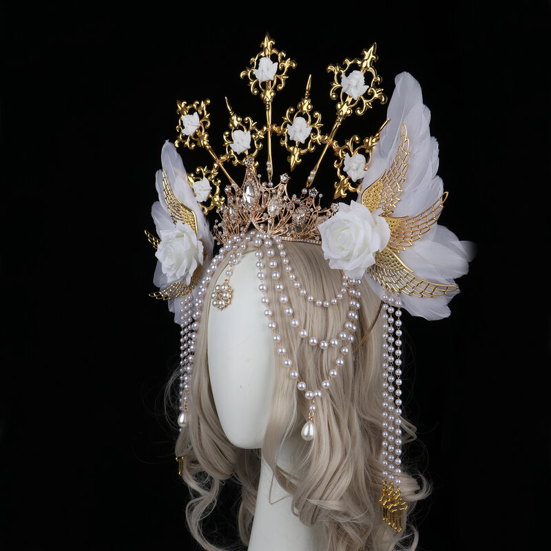 Головной убор в стиле «Лолита солнце», корона с кисточками, бисером, цепочка с крыльями ангела, с шипами розы, Готическая винтажная тиара в стиле «Мэри», барокко