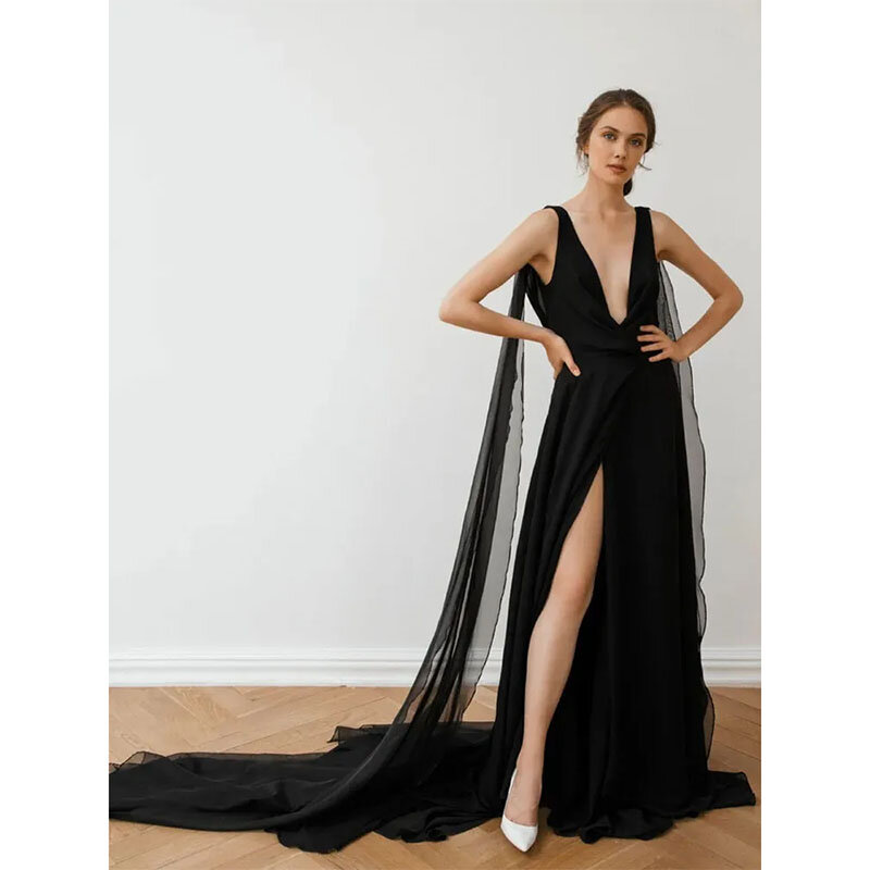 Vestido de noche de gasa negro con escote en V profundo, vestidos de fiesta de línea a con abertura hasta el muslo, tren de barrido, Espalda descubierta, ocasiones especiales