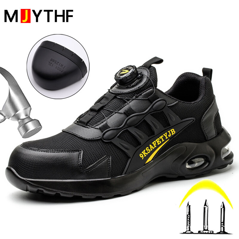 Sapatos de segurança com fivela rotativa masculina, tênis indestrutíveis, botas de trabalho com almofada de ar à prova de perfurações, proteção e qualidade