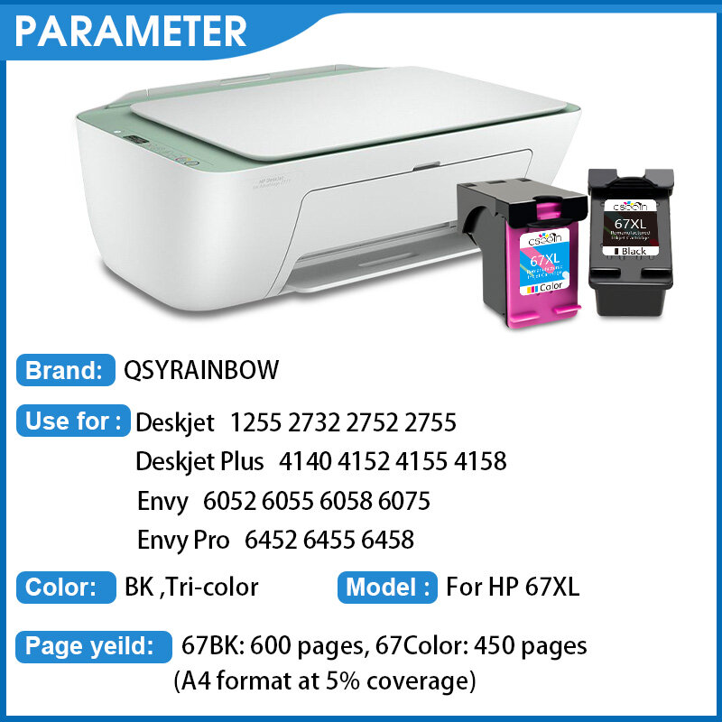 QSYRAINBOW-Reemplazo de cartucho de tinta para impresora HP, 67 XL, HP67, Deskjet Plus, 4140, 4152, 4155, 4158, 1225, 2732, 2752, 1225