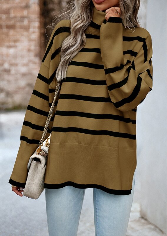 Fashion Women's Sweater 2023 Autumn Clothes Long Sleeve Striped High Neck Sweaters Casual Versatile Ladies Pullover Top