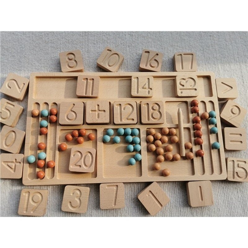Crianças de madeira montessori brinquedo educacional matemática aprendizagem bandeja digital adição subtração blocos com contas de madeira
