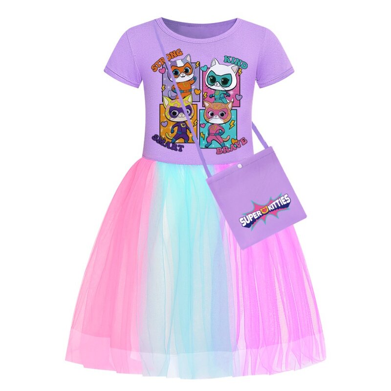 Super Kitties Dress Kids Dresses for Girls Cute Super Cats Clothes Toddler Girl Lace Princess Vestidos Children Birthday Gifts
