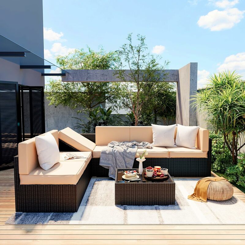 Wicker Patio sectional Furniture Sets，All-Weather Rattan Sectional Sofa Conversation Set with Coffee Table