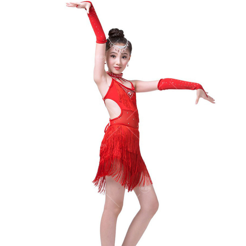 Vestido latino con borlas y lentejuelas para niña, traje de baile con flecos rojos