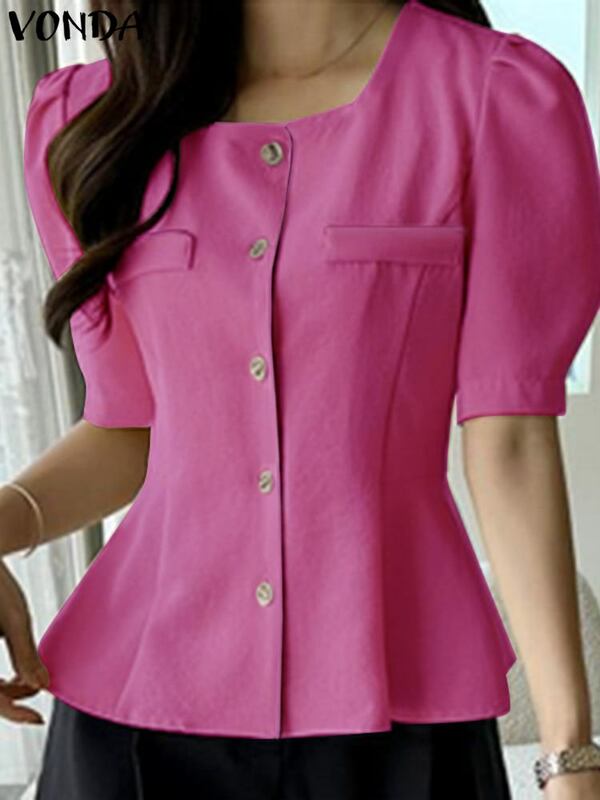 VONDA blus Kantor wanita musim panas 2024 atasan tunik mode warna polos baju longgar kasual leher persegi seksi blus wanita
