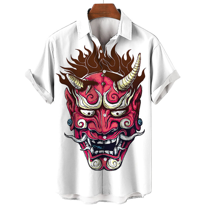 하와이안 남성용 오버사이즈 3D 프린팅 악마 하이 퀄리티 셔츠, 여름 스트리트웨어, 고딕 반팔, 빈티지 패션 단추