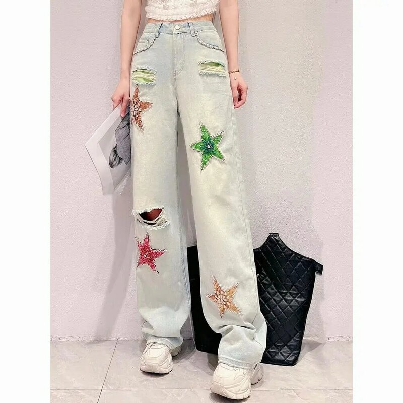 Jeans Personalized Painted Embroidery Holes Women Summer High Waist Loose Straight Trousers Ladies Casual Wide Leg Denim Pants