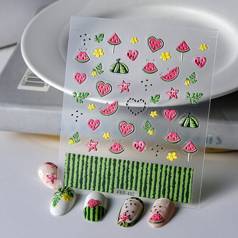 Stiker manikur seni DIY sederhana stiker kuku lucu nanas musim panas minuman buah timbul 5D untuk ujung kuku kecantikan