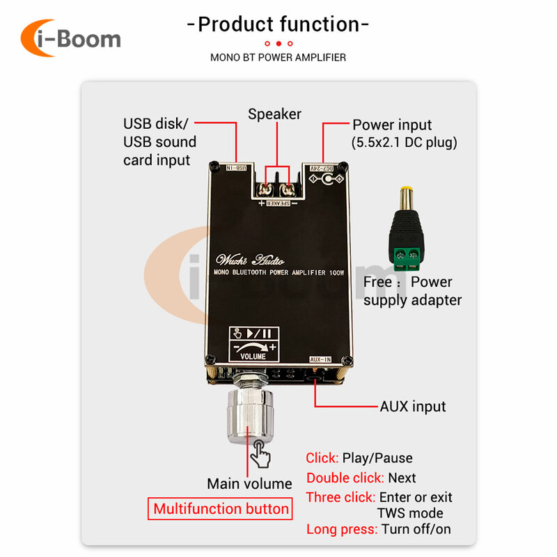 ZK-1001B TPA3116 100W Mono Kanaal Bluetooth Audio Versterker Board Module Met Tws Doos Matching Functie Dc 7-24V