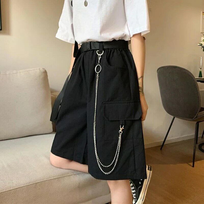 Harajuku Chain Cargo Shorts Women 2023 Summer Big Pockets Wide Leg Shorts Woman Black High Waist Streetwear Shorts Female
