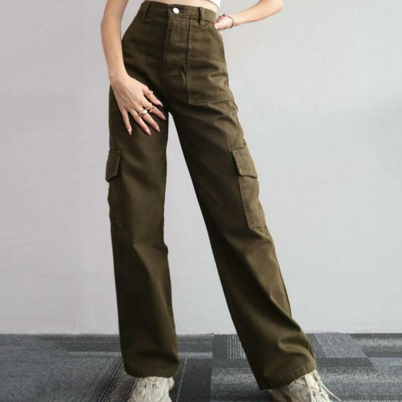 Celana kargo wanita, celana kargo pinggang tinggi kancing ritsleting banyak saku, celana panjang kaki lurus warna Solid Streetwear
