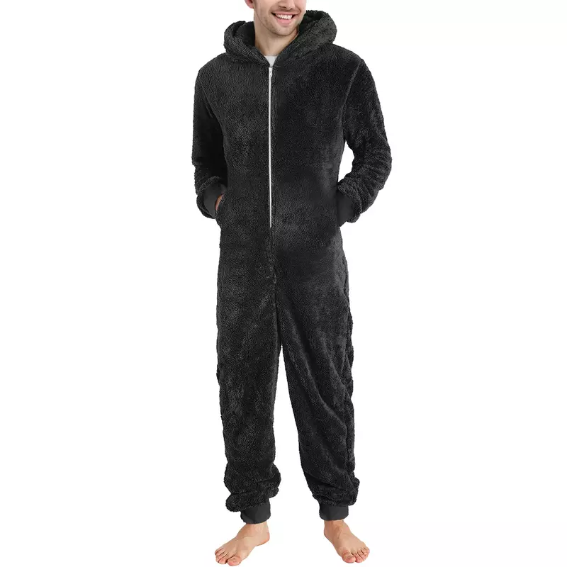 Pijama de manga larga con cremallera para hombre, ropa de dormir holgada, informal, Color sólido, con capucha, 2023