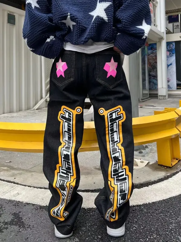 Męskie spodnie nadruk gwiazdy Y2K jeansy retro amerykański hip-hop wysokiej talii luźny warstwowy prosty zamek błyskawiczny moda dżinsy trend