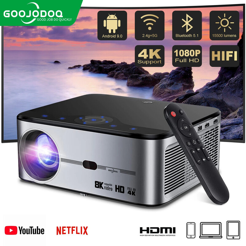 Goojodoq-full hd 1080p levou projetor, 4k, 8k, 700ansi, 15500lumens, android, wi-fi, vídeo, home theater, cinema