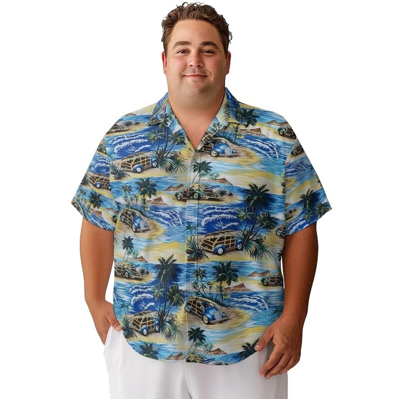 Baju pantai kasual pria, atasan kaus kerah ukuran besar longgar gaya liburan musim panas