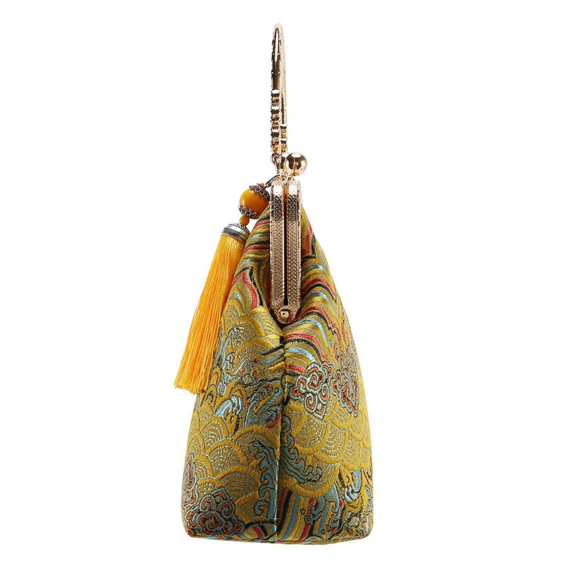 NEW-2X Retro Su Haiya Wind Cloth Bag Temperament Elegant Tassel Cheongsam Bag Gold Banquet Bag Diagonal Package Yellow