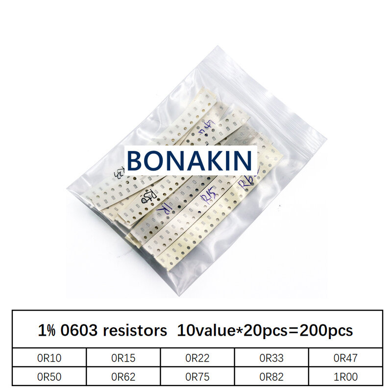 200 pz 1% 0603 resistori SMD assortiti kit fai da te set,10 valore * 20 pz = 200 pz 1 r00 R820 R750 R620 R500 R470 R330 R220 R150 R100