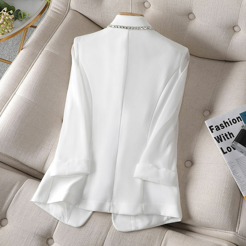 Diamond-Encrusted Blazer 2023 Spring And Summer New Three-Quarter Sleeve High-End Design Fashion White Suit Jacket Black Blouser