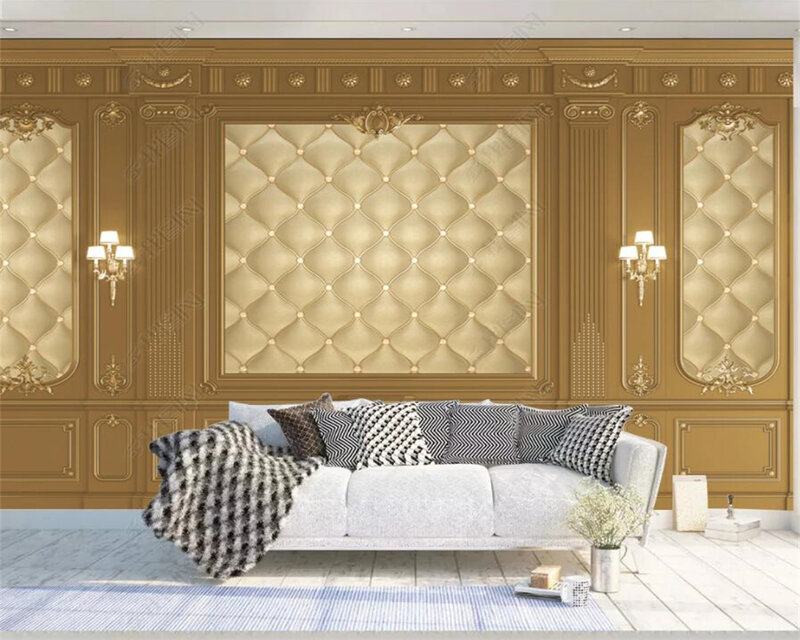 beibehang Customized new golden gypsum line European style carved leather soft bag TV background wallpaper