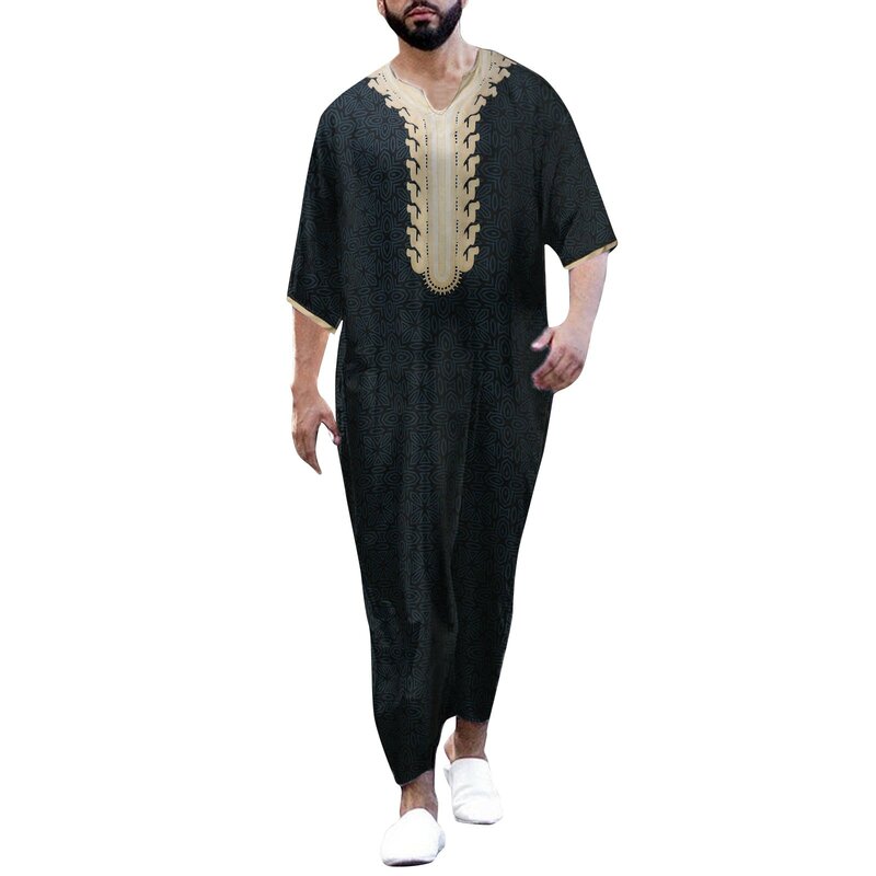 Ropa musulmana de manga corta para hombre, monos con estampado de retazos, cuello en V, estilo Retro, étnico árabe, ropa islámica