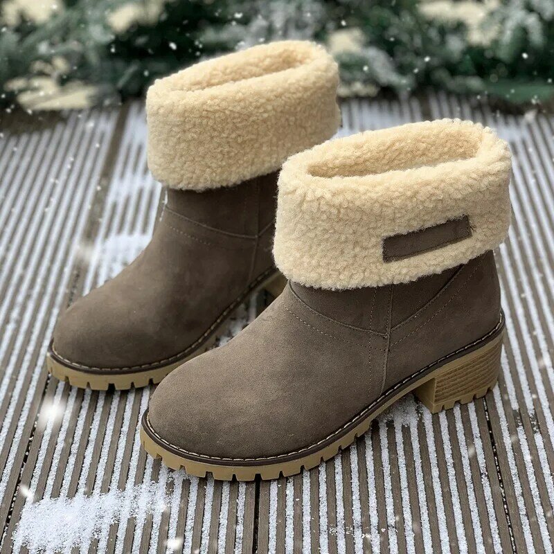 Botas de nieve de tacón grueso para mujer, zapatos cálidos y versátiles, talla media, talla grande, invierno, 2024