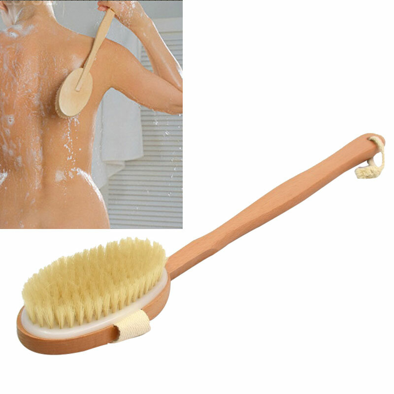 Spazzola da bagno manico lungo naturale spazzola per massaggiatore per il corpo con setole di legno doccia da bagno Scrubber staccabile spazzola per bagno esfoliante