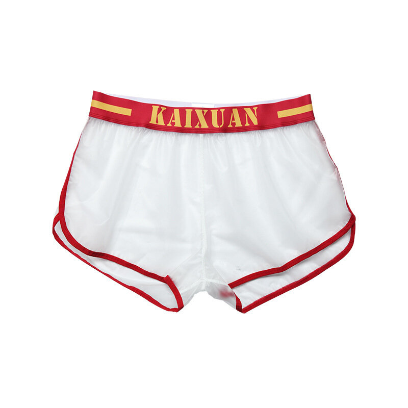 Męskie seksowne wykończenie krótkie PVC przezroczyste spodnie pływackie plażowe domowe bokserki dla gejów luźne majtki Sissy Fashion Tangas