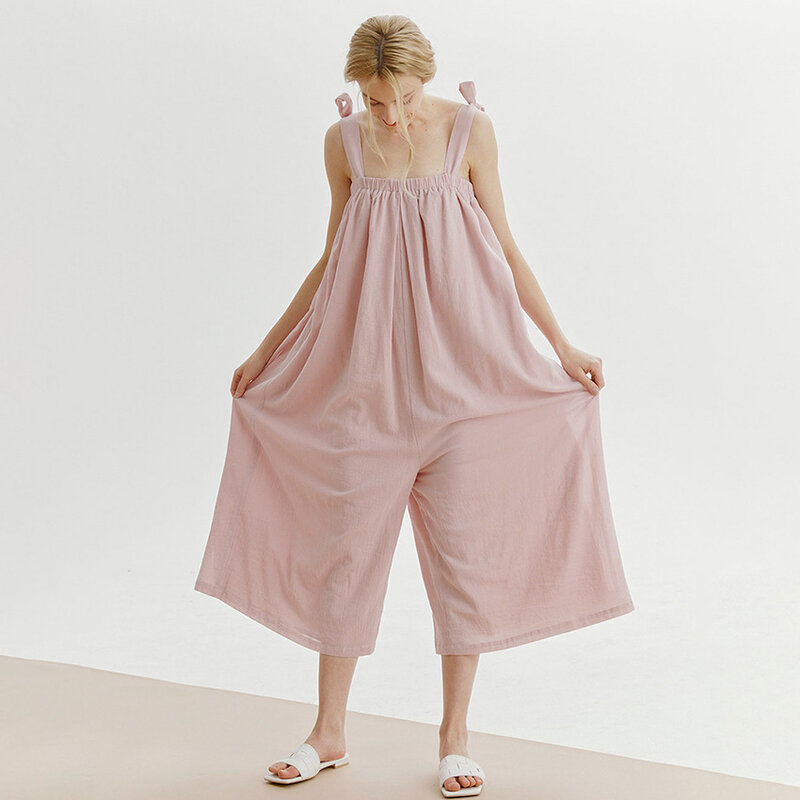 Sommer Frauen einteiligen Pyjama 100% Baumwolle rosa Riemen Mode ärmellose Nachthemd rücken frei verstellbare Schlinge falten Nacht kleidung
