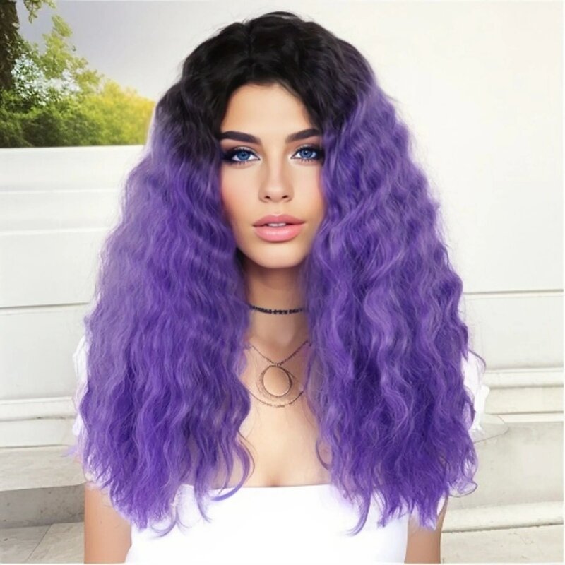 GNIMEGIL Synthetic Hair Black Purple Ombre Wig Long Body Wave Wig Natural Water Wave Hairstyle Sexy Female Wig for Women Cosplay